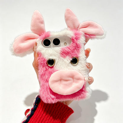 For iPhone Duo Foldable Plush Dairy Cow TPU Phone Case - Pink Cow - EDA010190201B