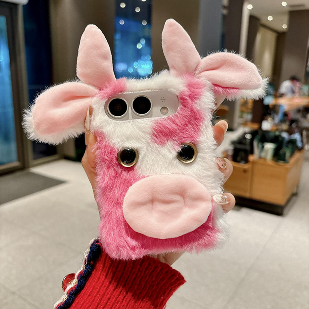 For iPhone Duo Foldable Plush Dairy Cow TPU Phone Case - Pink Cow - EDA010190201B