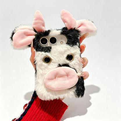 For iPhone Duo Foldable Plush Dairy Cow TPU Phone Case - Black Cow - EDA010190201C
