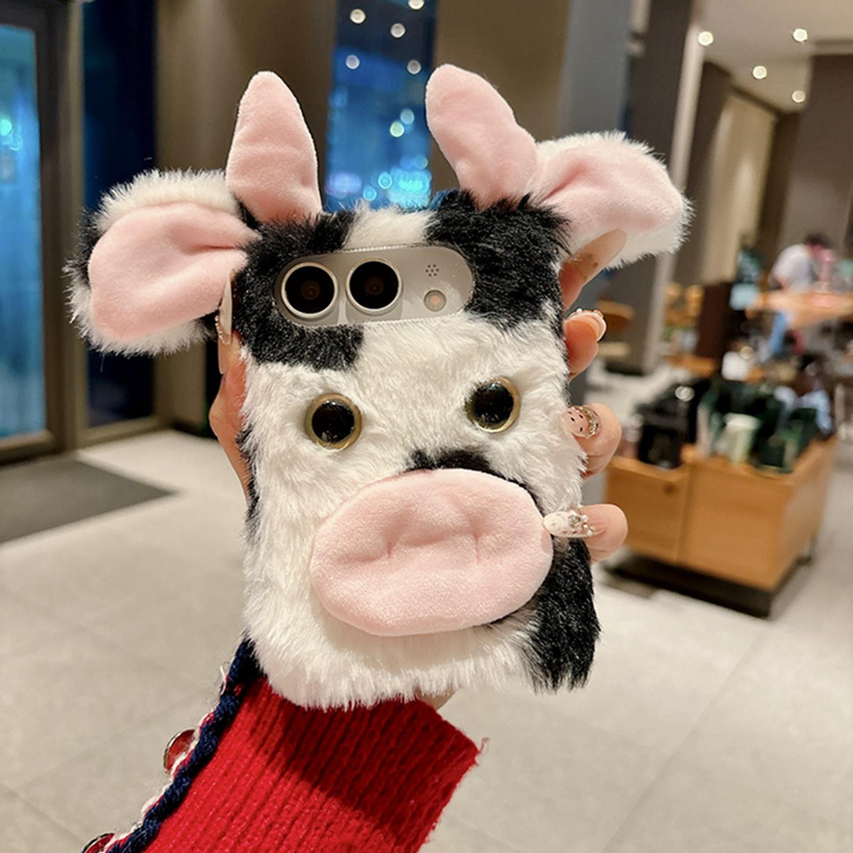 For iPhone Duo Foldable Plush Dairy Cow TPU Phone Case - Black Cow - EDA010190201C