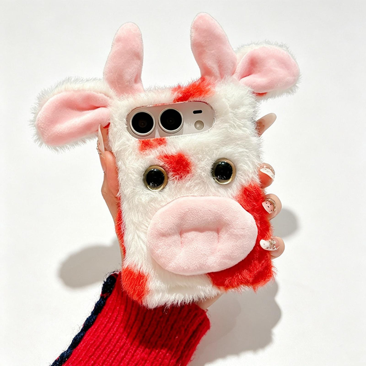 For iPhone Duo Foldable Plush Dairy Cow TPU Phone Case - Red Cow - EDA010190201D
