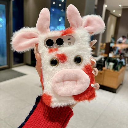 For iPhone Duo Foldable Plush Dairy Cow TPU Phone Case - Red Cow - EDA010190201D