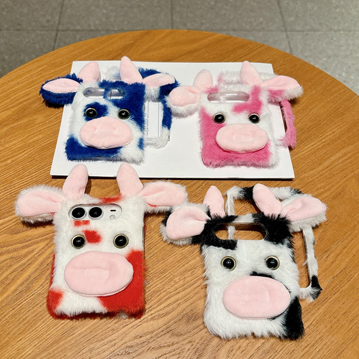 For iPhone Duo Foldable Plush Dairy Cow TPU Phone Case - Blue Cow - EDA010190201A
