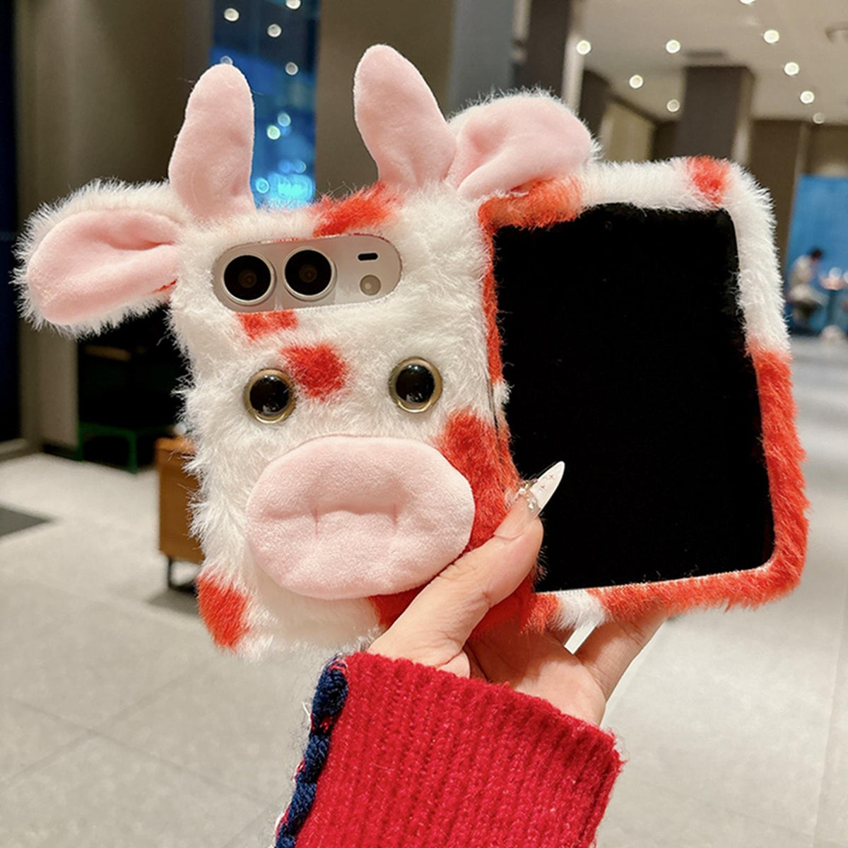 For iPhone Duo Foldable Plush Dairy Cow TPU Phone Case - Blue Cow - EDA010190201A