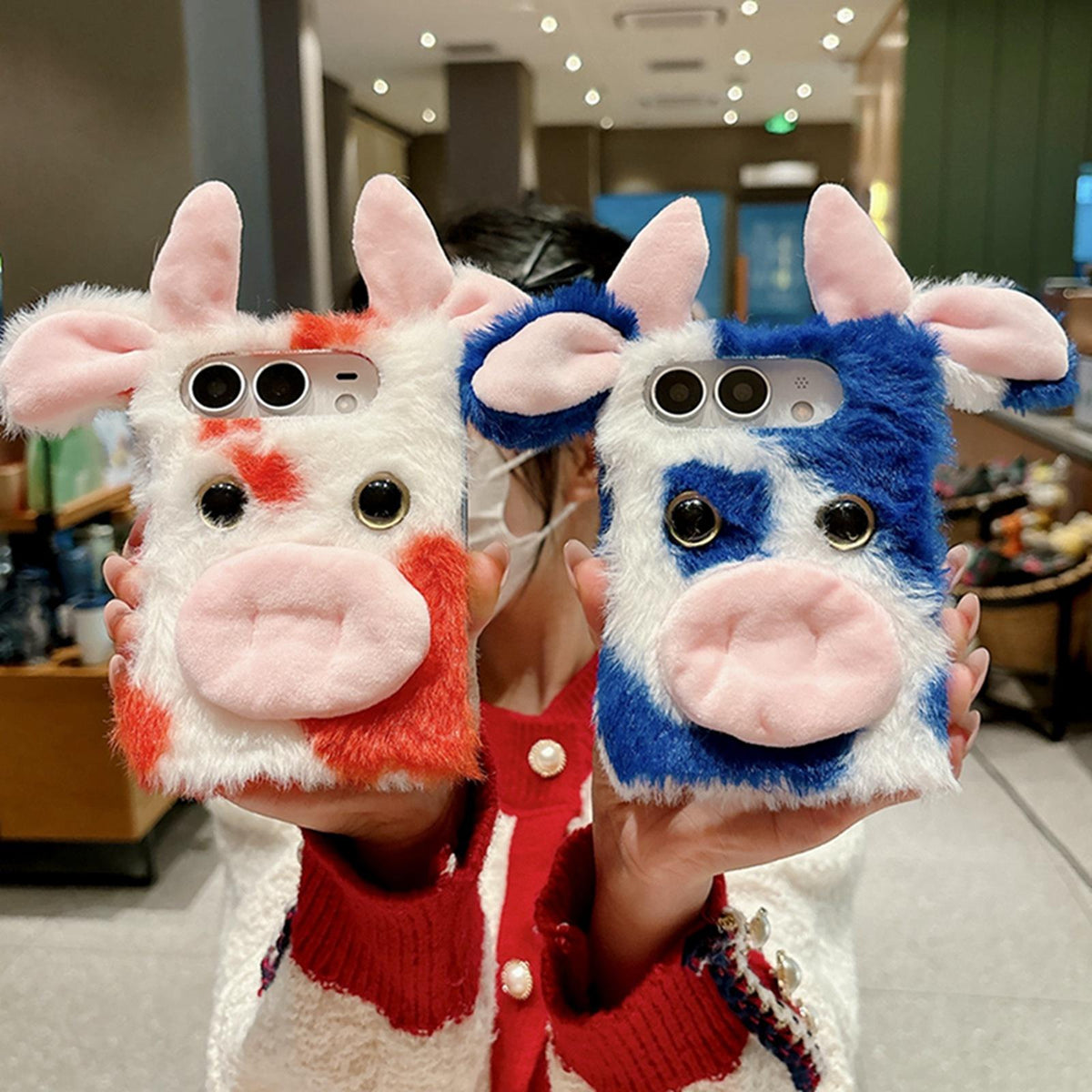 For iPhone Duo Foldable Plush Dairy Cow TPU Phone Case - Blue Cow - EDA010190201A