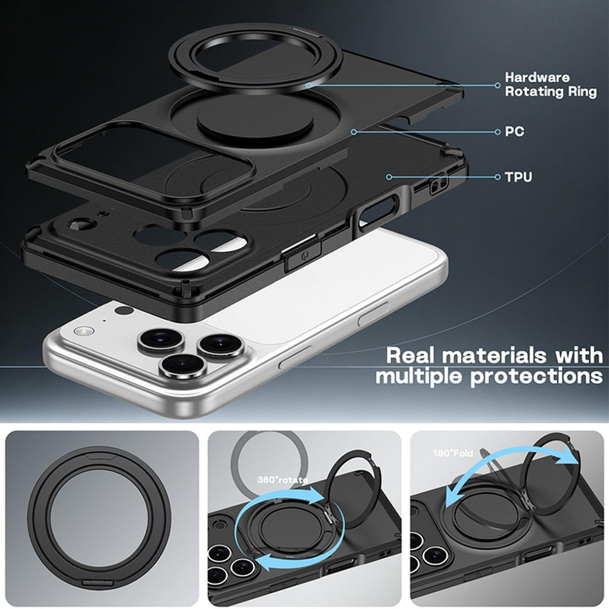 For iPhone 17 Pro Max Magnetic 360 Degree Ring Holder Phone Case - Black - EDA010192403B