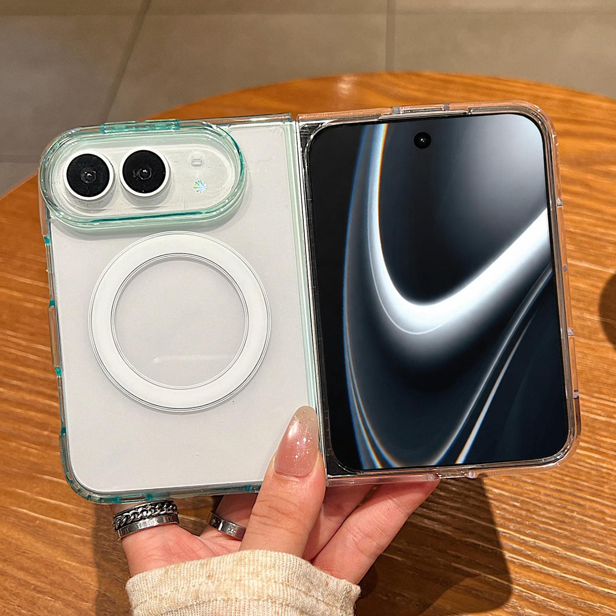 For iPhone Duo Contrast Color Gradient Transparent MagSafe Phone Case - Green + Blue - EDA010192601D