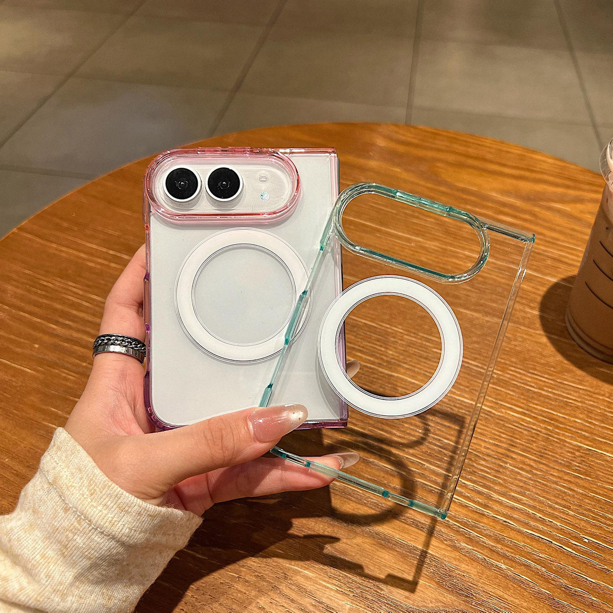For iPhone Duo Contrast Color Gradient Transparent MagSafe Phone Case - Fluorescent Green + Light Pink - EDA010192601A