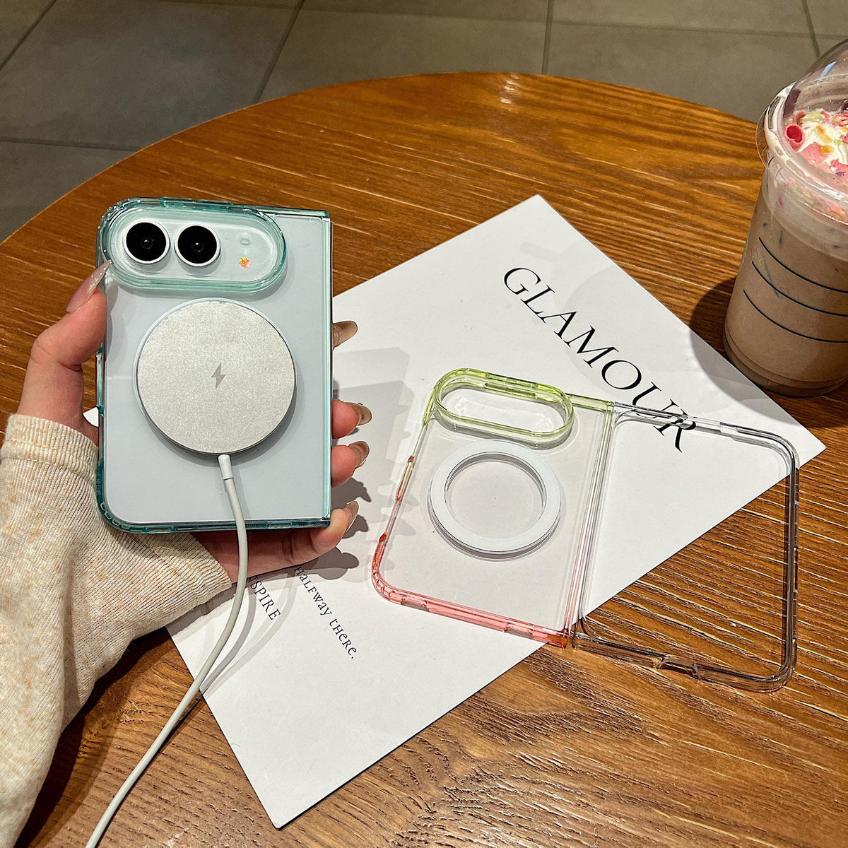 For iPhone Duo Contrast Color Gradient Transparent MagSafe Phone Case - Fluorescent Green + Light Pink - EDA010192601A
