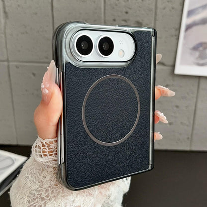 For iPhone Duo Folding Shaft Magsafe Plain Leather Phone Case - Black - EDA010196501A