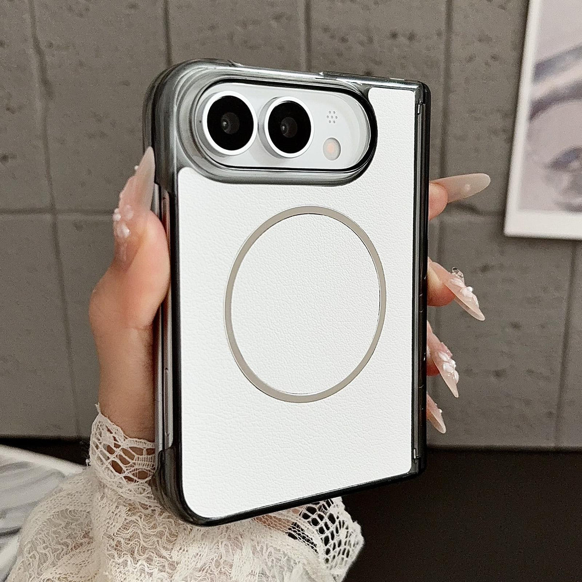 For iPhone Duo Folding Shaft Magsafe Plain Leather Phone Case - White - EDA010196501B
