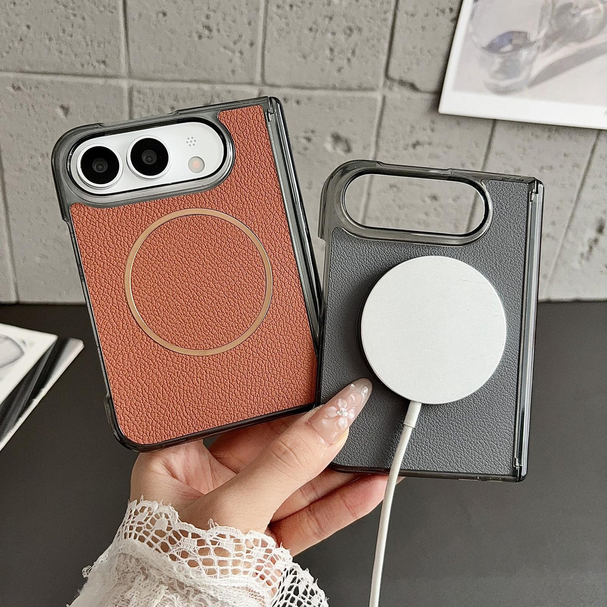 For iPhone Duo Folding Shaft Magsafe Plain Leather Phone Case - White - EDA010196501B