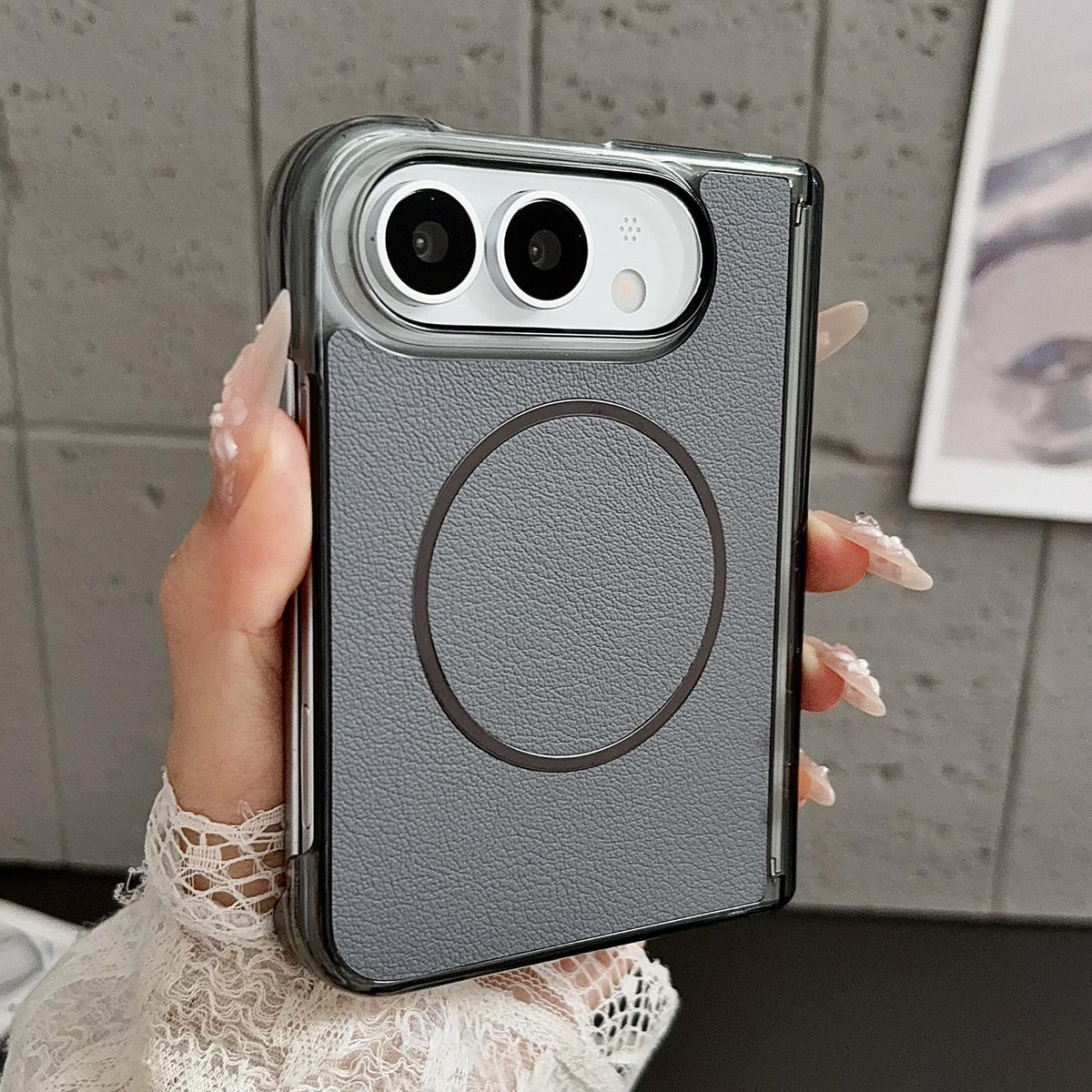 For iPhone Duo Folding Shaft Magsafe Plain Leather Phone Case - Grey - EDA010196501C