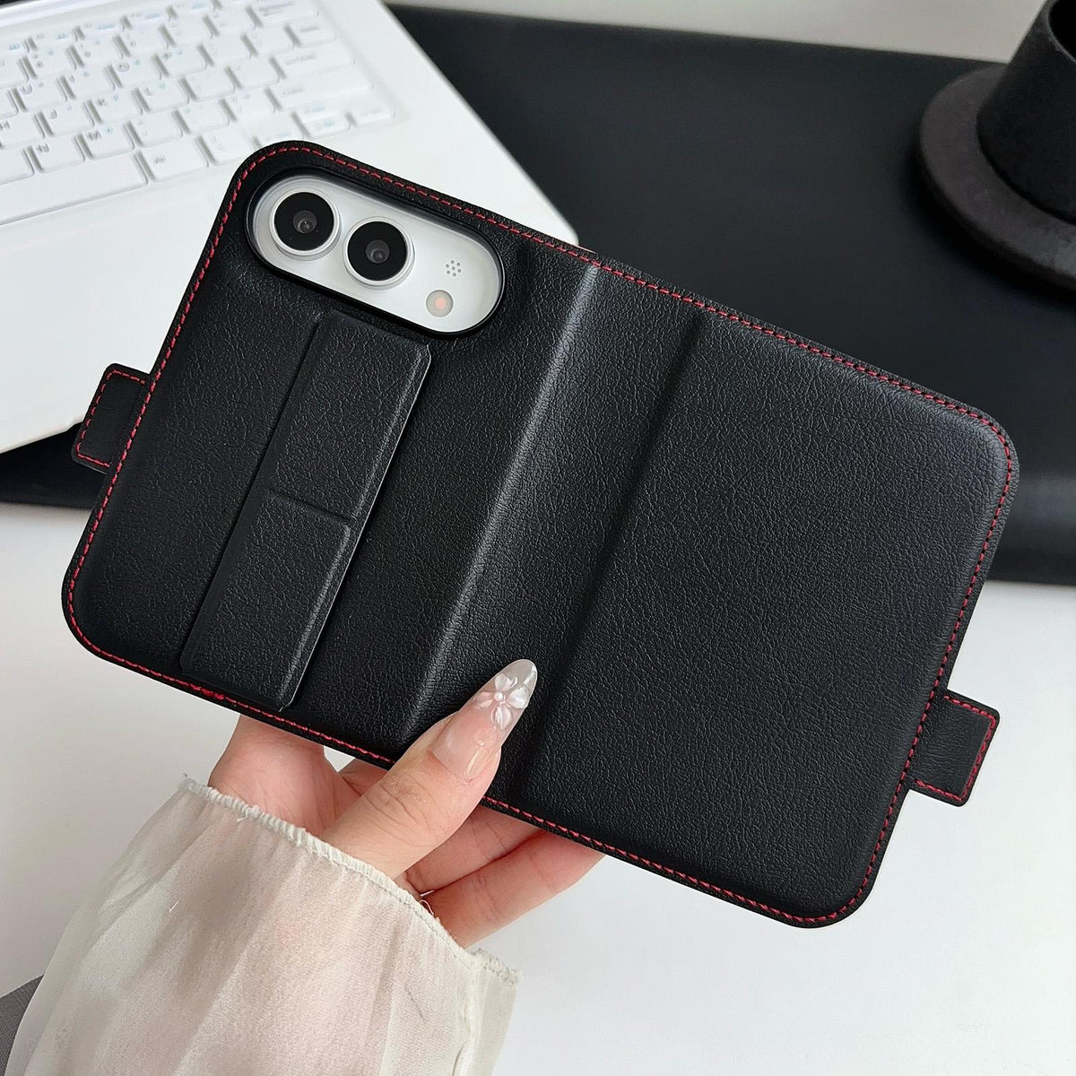 For iPhone Duo Litchi Texture Foldable Stand Phone Leather Case with Screen Protector - Black - EDA010196901A
