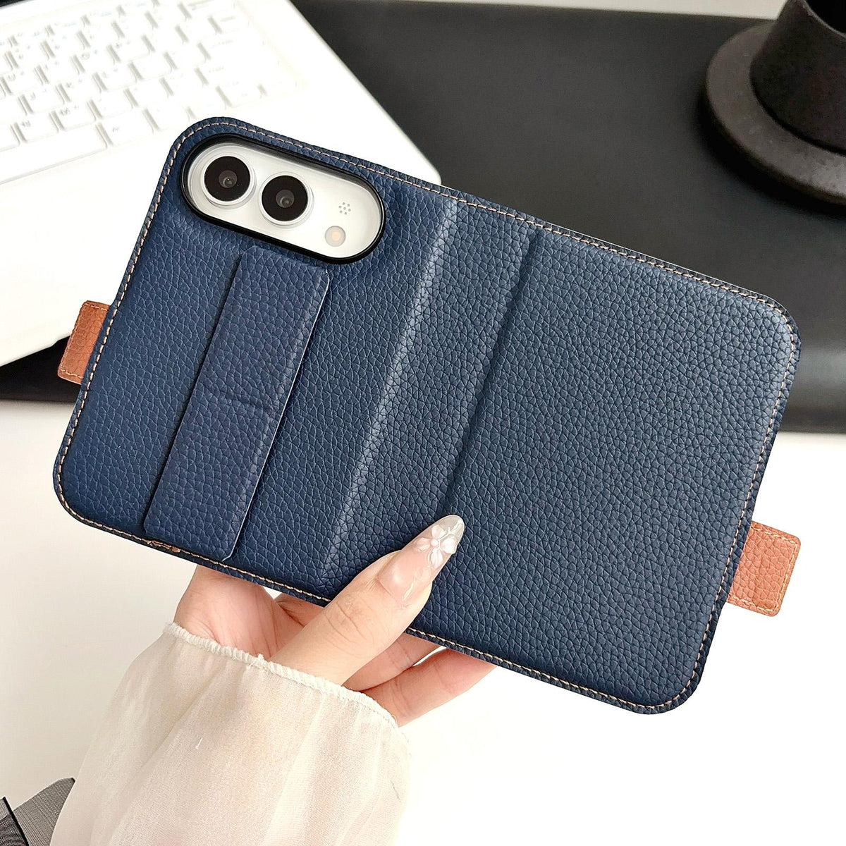 For iPhone Duo Litchi Texture Foldable Stand Phone Leather Case with Screen Protector - Blue - EDA010196901B