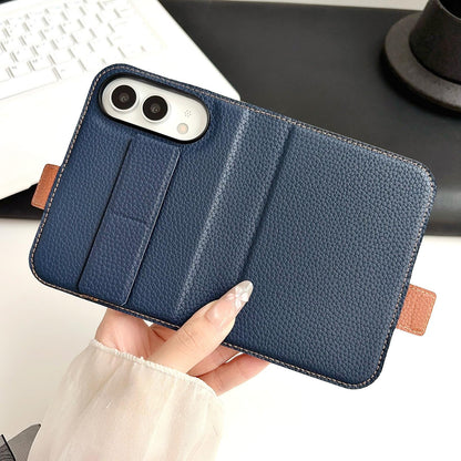 For iPhone Duo Litchi Texture Foldable Stand Phone Leather Case with Screen Protector - Blue - EDA010196901B