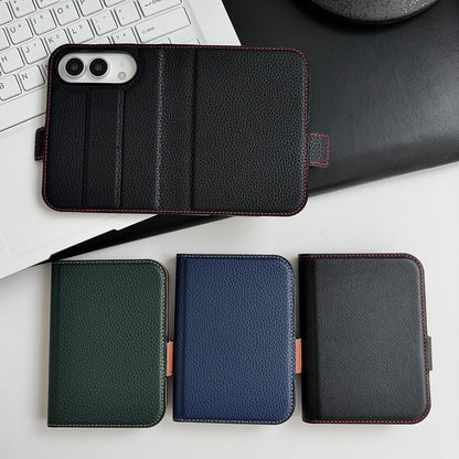 For iPhone Duo Litchi Texture Foldable Stand Phone Leather Case with Screen Protector - Blue - EDA010196901B