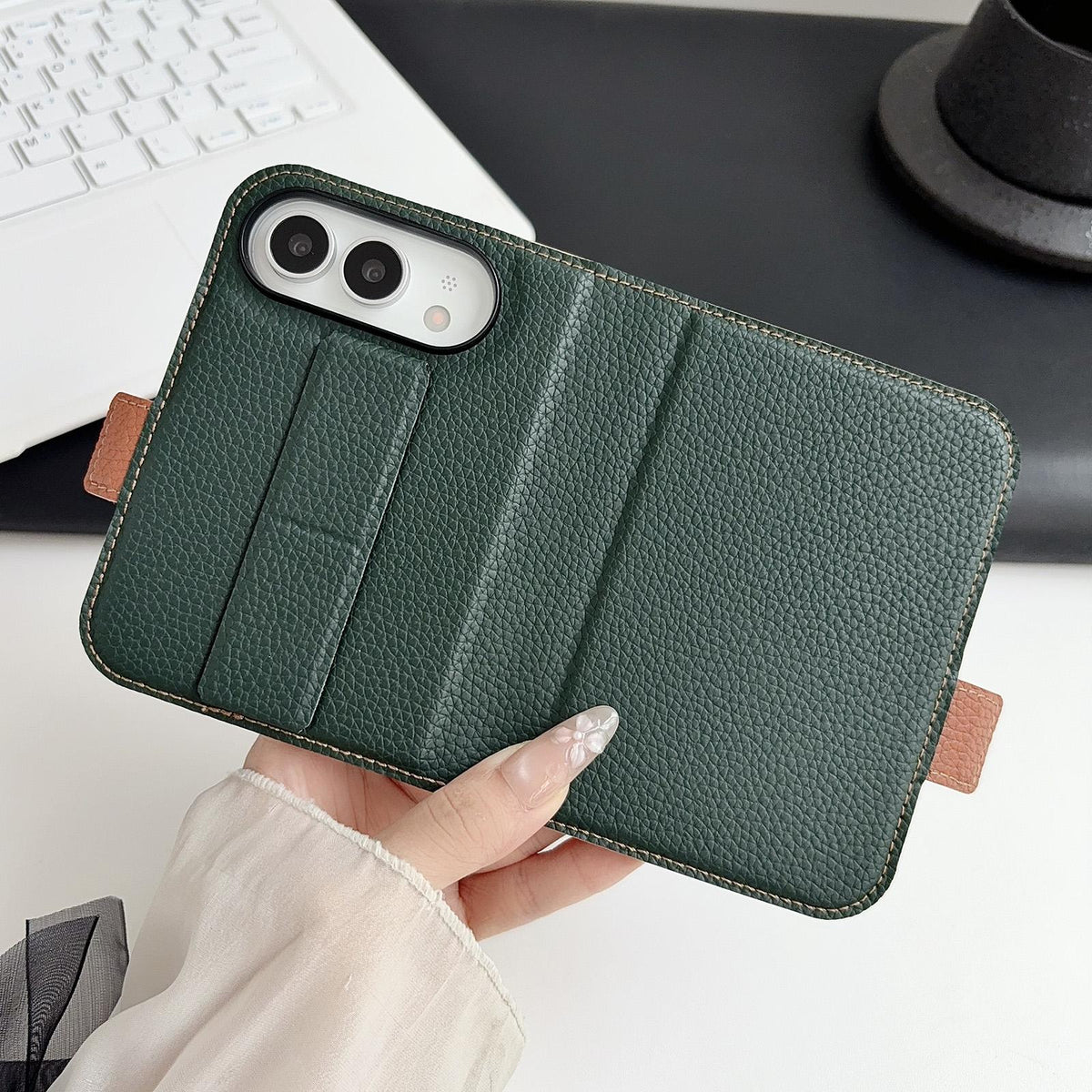 For iPhone Duo Litchi Texture Foldable Stand Phone Leather Case with Screen Protector - Green - EDA010196901C