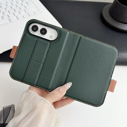 For iPhone Duo Litchi Texture Foldable Stand Phone Leather Case with Screen Protector - Green - EDA010196901C