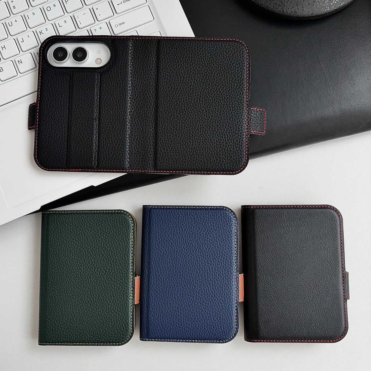For iPhone Duo Litchi Texture Foldable Stand Phone Leather Case with Screen Protector - Green - EDA010196901C