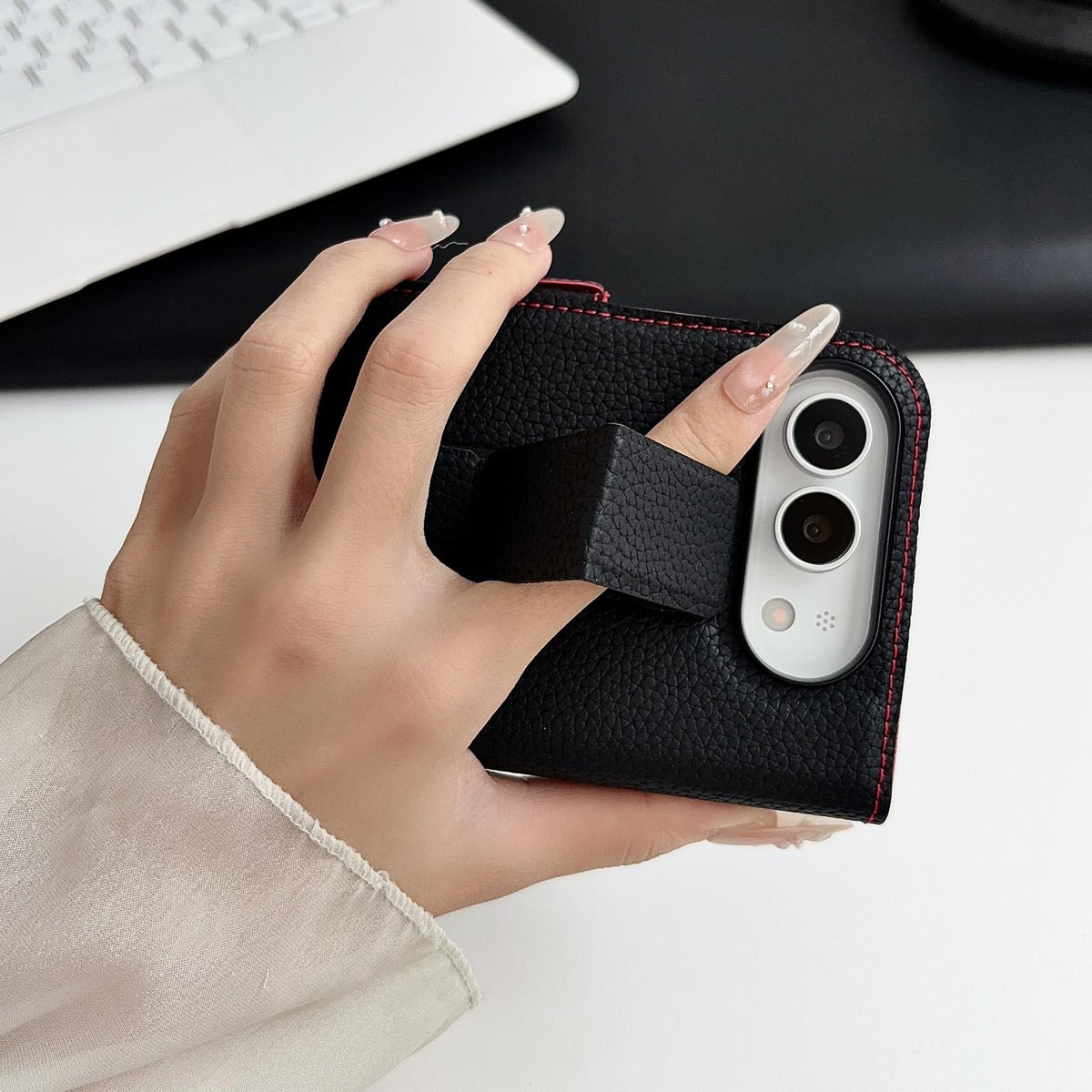For iPhone Duo Litchi Texture Foldable Stand Phone Leather Case with Screen Protector - Green - EDA010196901C