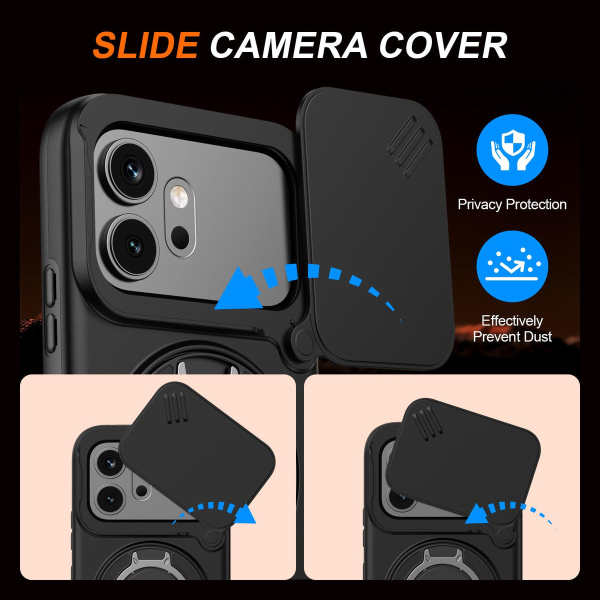 For Honor 600 / 600 Pro Global Camera Sliding Shield Magnetic Rotation Holder Phone Case - Black - EDA010204401A