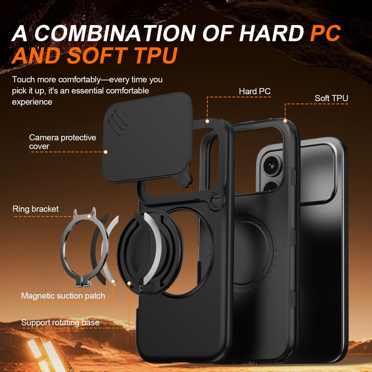 For Honor 600 / 600 Pro Global Camera Sliding Shield Magnetic Rotation Holder Phone Case - Black - EDA010204401A