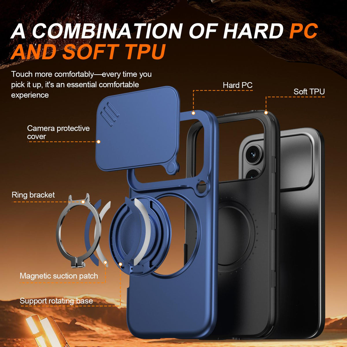 For Honor 600 / 600 Pro Global Camera Sliding Shield Magnetic Rotation Holder Phone Case - Blue - EDA010204401B