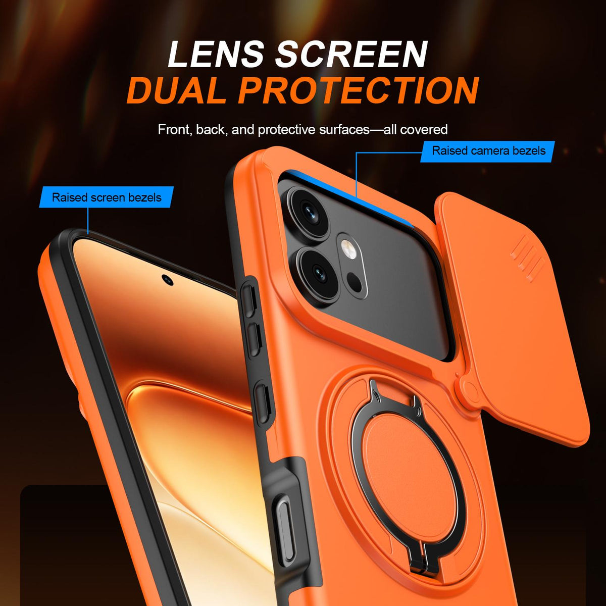 For Honor 600 / 600 Pro Global Camera Sliding Shield Magnetic Rotation Holder Phone Case - Orange - EDA010204401C