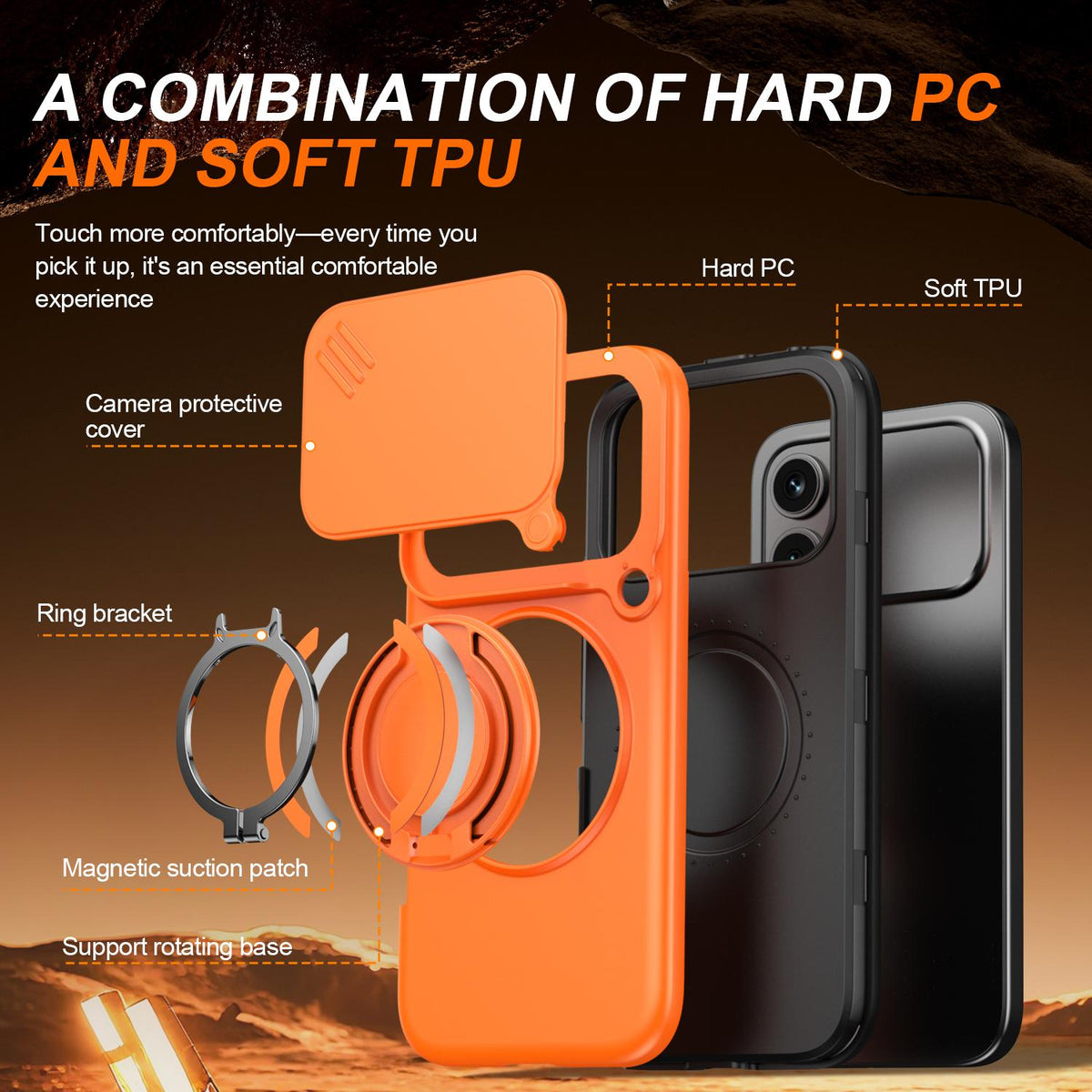 For Honor 600 / 600 Pro Global Camera Sliding Shield Magnetic Rotation Holder Phone Case - Orange - EDA010204401C