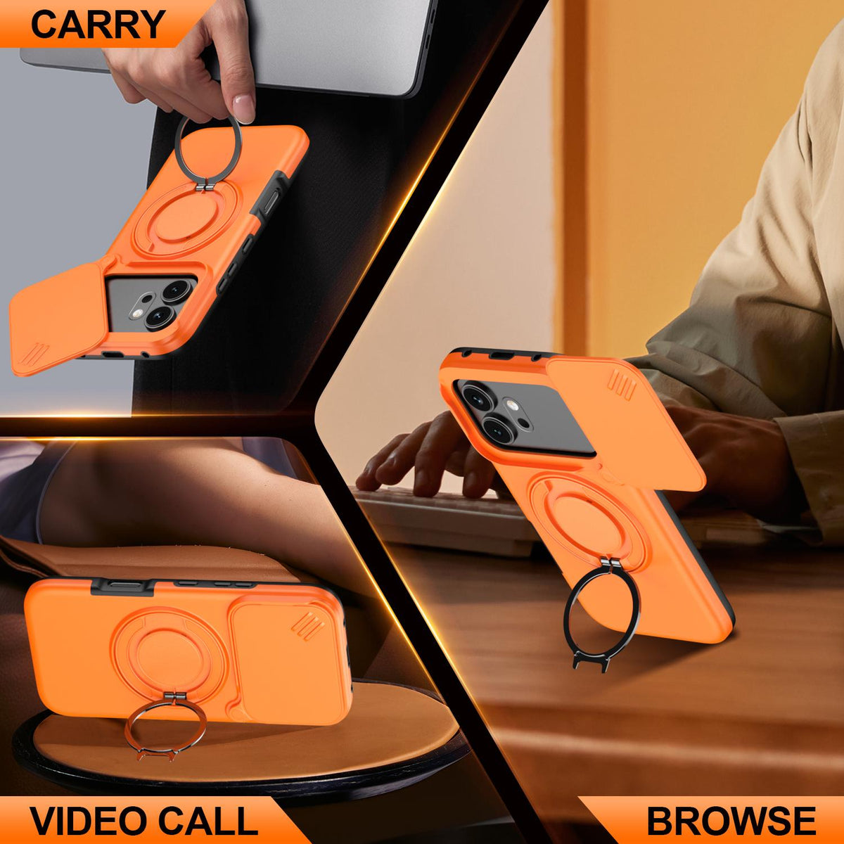For Honor 600 / 600 Pro Global Camera Sliding Shield Magnetic Rotation Holder Phone Case - Orange - EDA010204401C