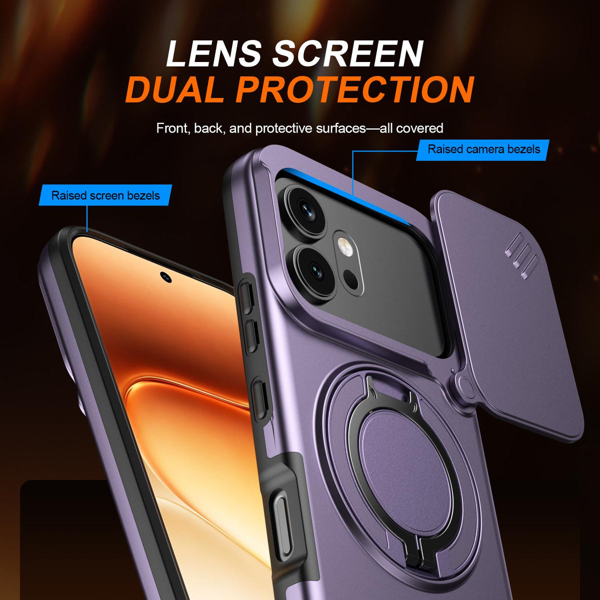 For Honor 600 / 600 Pro Global Camera Sliding Shield Magnetic Rotation Holder Phone Case - Purple - EDA010204401D