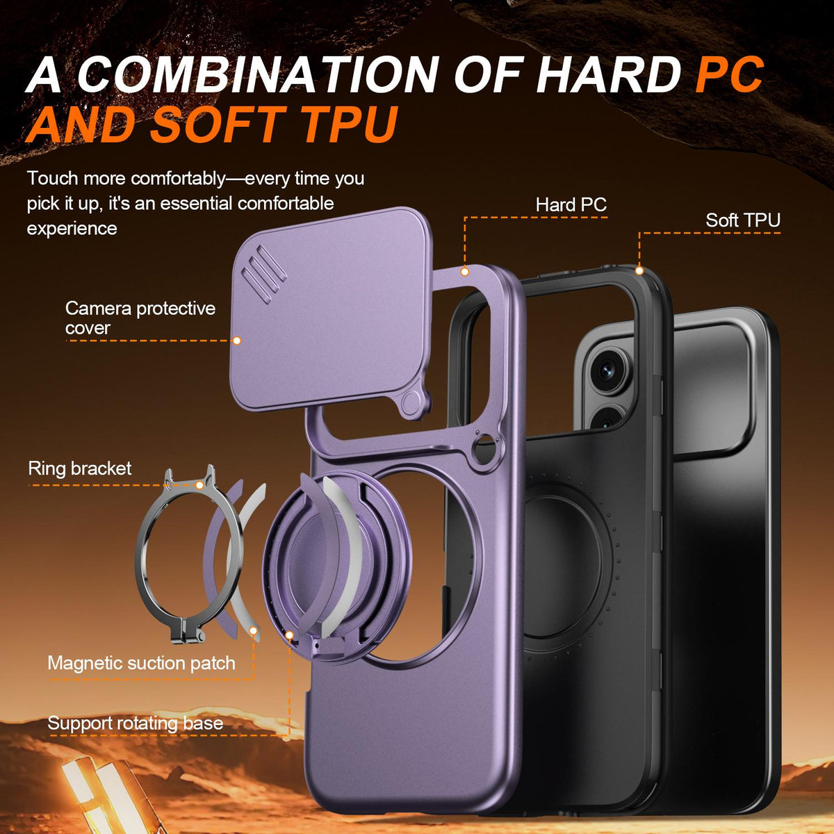 For Honor 600 / 600 Pro Global Camera Sliding Shield Magnetic Rotation Holder Phone Case - Purple - EDA010204401D