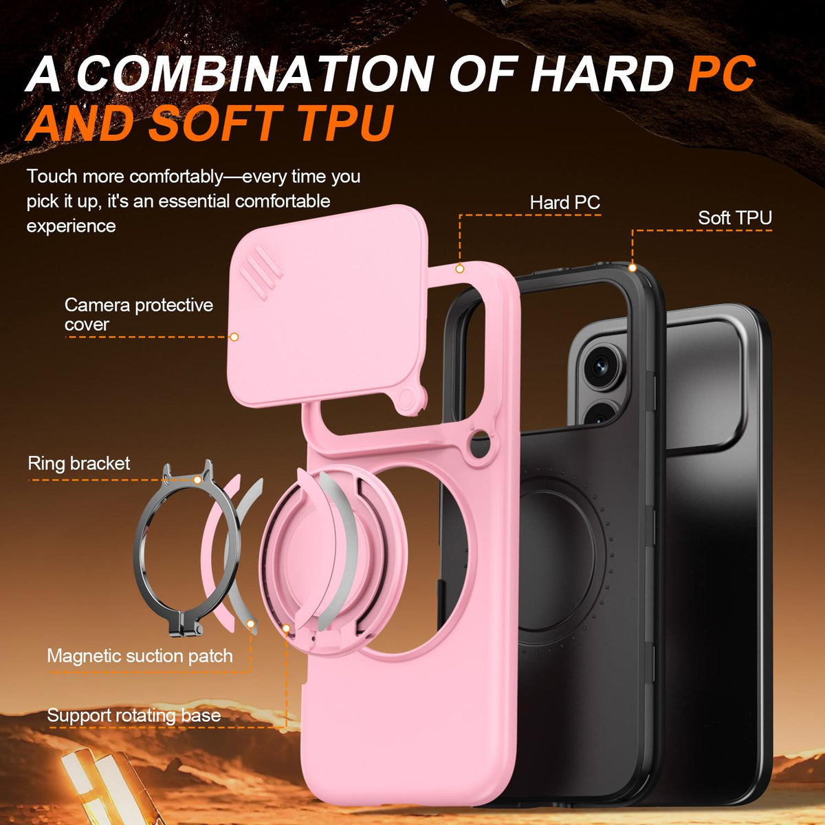 For Honor 600 / 600 Pro Global Camera Sliding Shield Magnetic Rotation Holder Phone Case - Pink - EDA010204401E