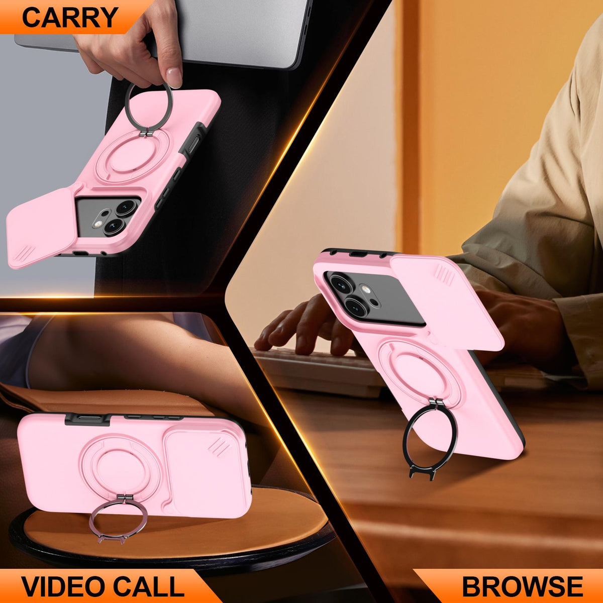 For Honor 600 / 600 Pro Global Camera Sliding Shield Magnetic Rotation Holder Phone Case - Pink - EDA010204401E