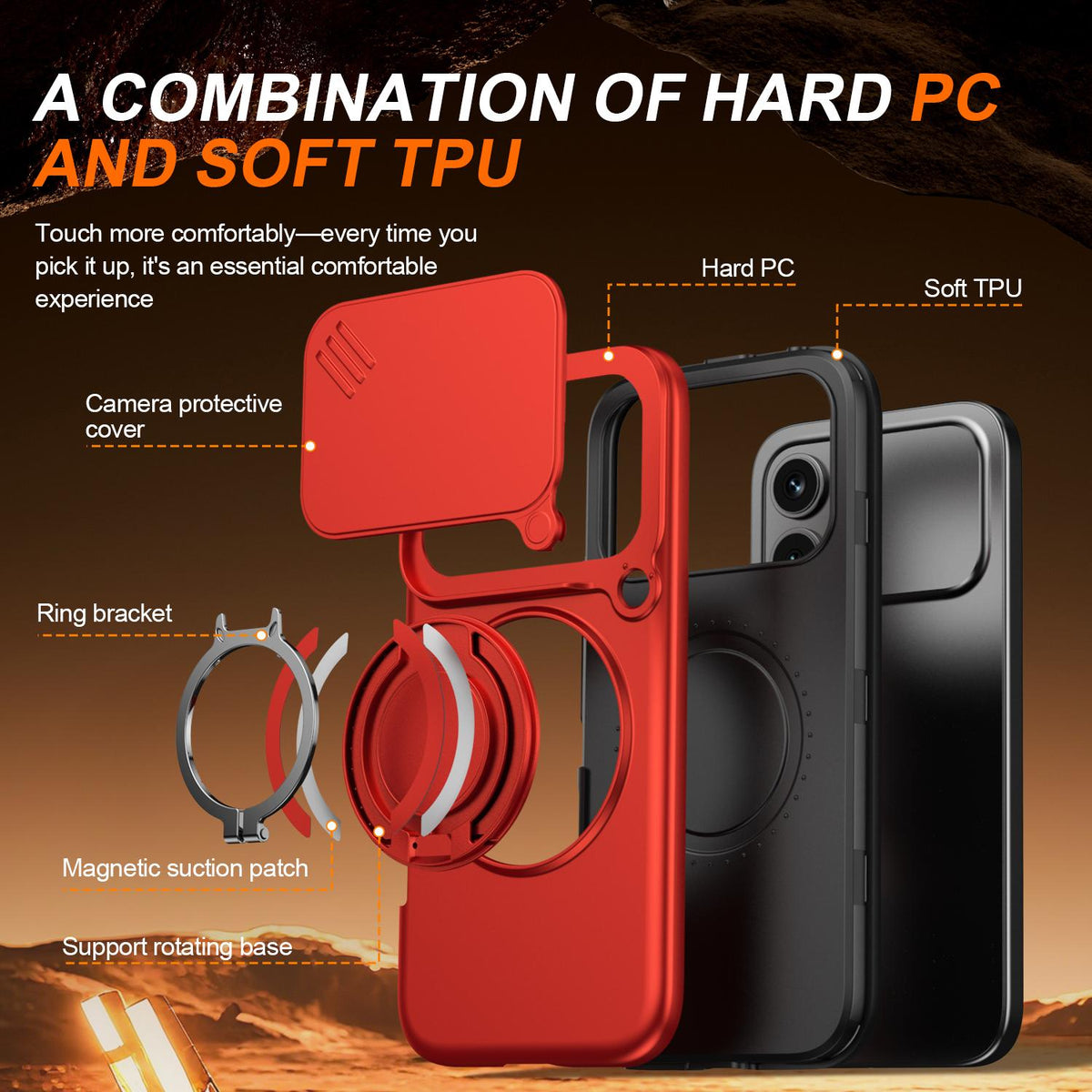 For Honor 600 / 600 Pro Global Camera Sliding Shield Magnetic Rotation Holder Phone Case - Red - EDA010204401F
