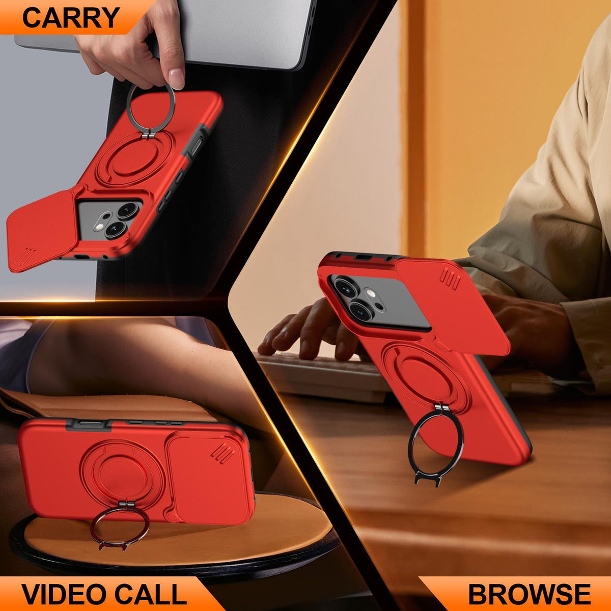 For Honor 600 / 600 Pro Global Camera Sliding Shield Magnetic Rotation Holder Phone Case - Red - EDA010204401F