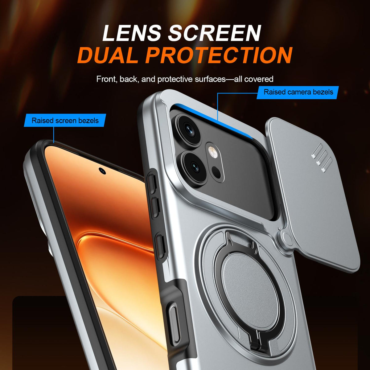 For Honor 600 / 600 Pro Global Camera Sliding Shield Magnetic Rotation Holder Phone Case - Silver - EDA010204401G