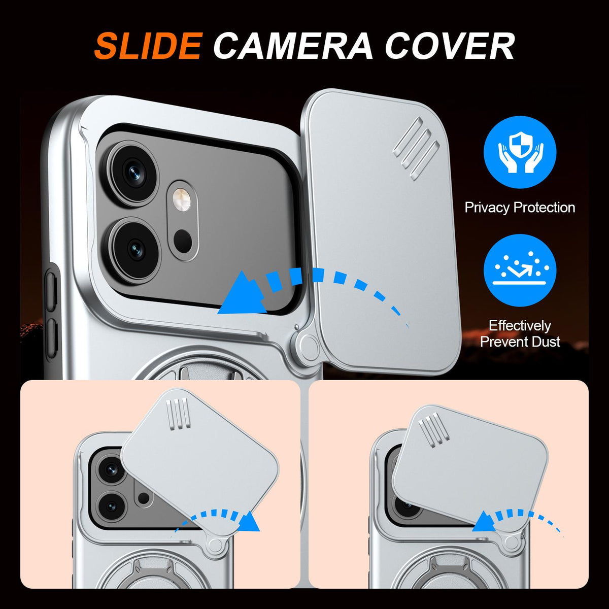 For Honor 600 / 600 Pro Global Camera Sliding Shield Magnetic Rotation Holder Phone Case - Silver - EDA010204401G