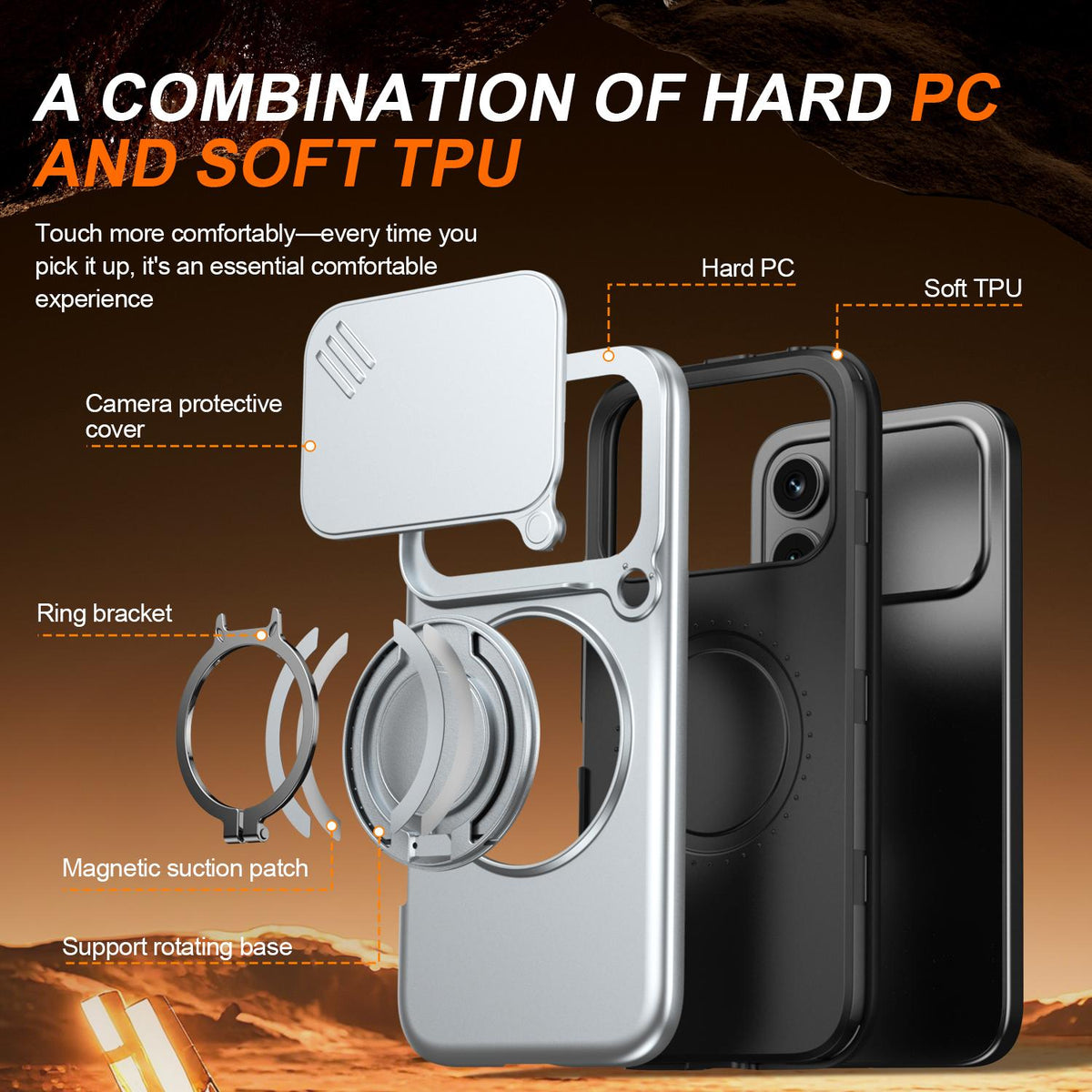 For Honor 600 / 600 Pro Global Camera Sliding Shield Magnetic Rotation Holder Phone Case - Silver - EDA010204401G