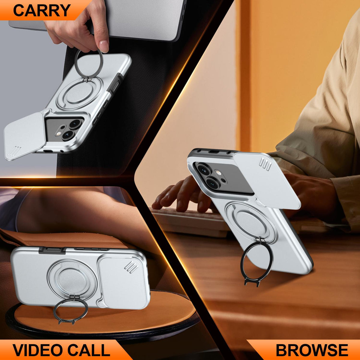 For Honor 600 / 600 Pro Global Camera Sliding Shield Magnetic Rotation Holder Phone Case - Silver - EDA010204401G