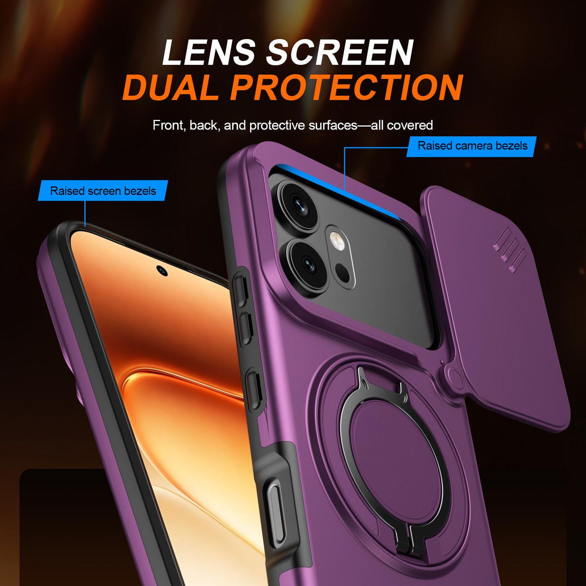 For Honor 600 / 600 Pro Global Camera Sliding Shield Magnetic Rotation Holder Phone Case - Cherry Red - EDA010204401H
