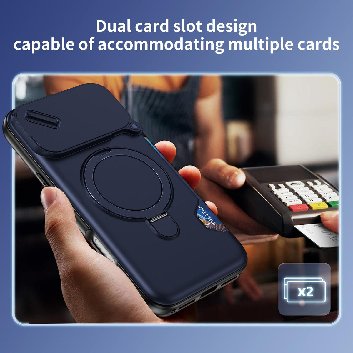 For iPhone 18 Pro Max Sliding Camshield Card Slot Magnetic Rotation Holder Phone Case - Royal Blue - EDA010205702A