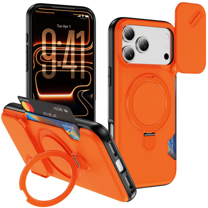 For iPhone 18 Pro Max Sliding Camshield Card Slot Magnetic Rotation Holder Phone Case - Orange - EDA010205702B