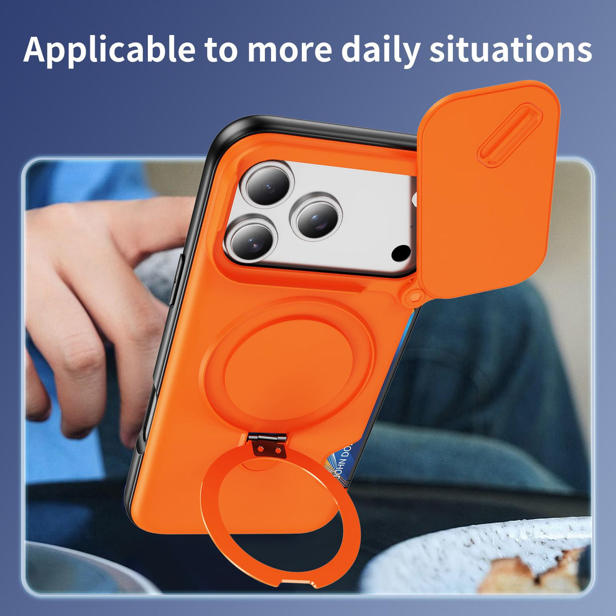 For iPhone 18 Pro Max Sliding Camshield Card Slot Magnetic Rotation Holder Phone Case - Orange - EDA010205702B
