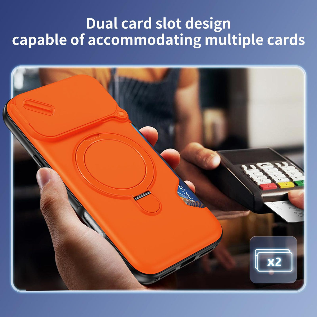 For iPhone 18 Pro Max Sliding Camshield Card Slot Magnetic Rotation Holder Phone Case - Orange - EDA010205702B