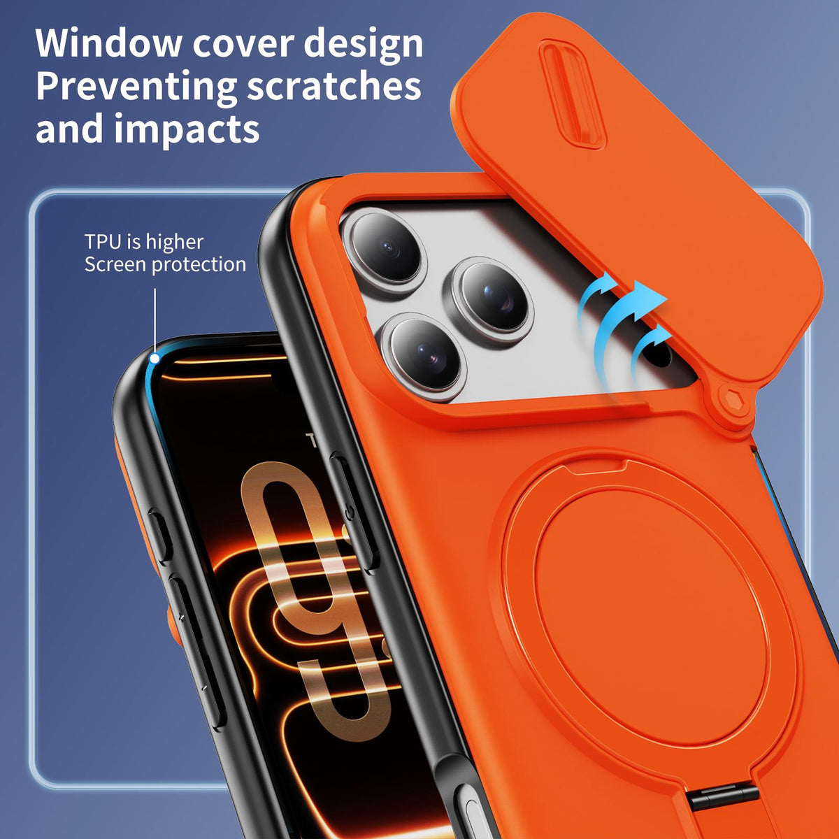 For iPhone 18 Pro Max Sliding Camshield Card Slot Magnetic Rotation Holder Phone Case - Orange - EDA010205702B