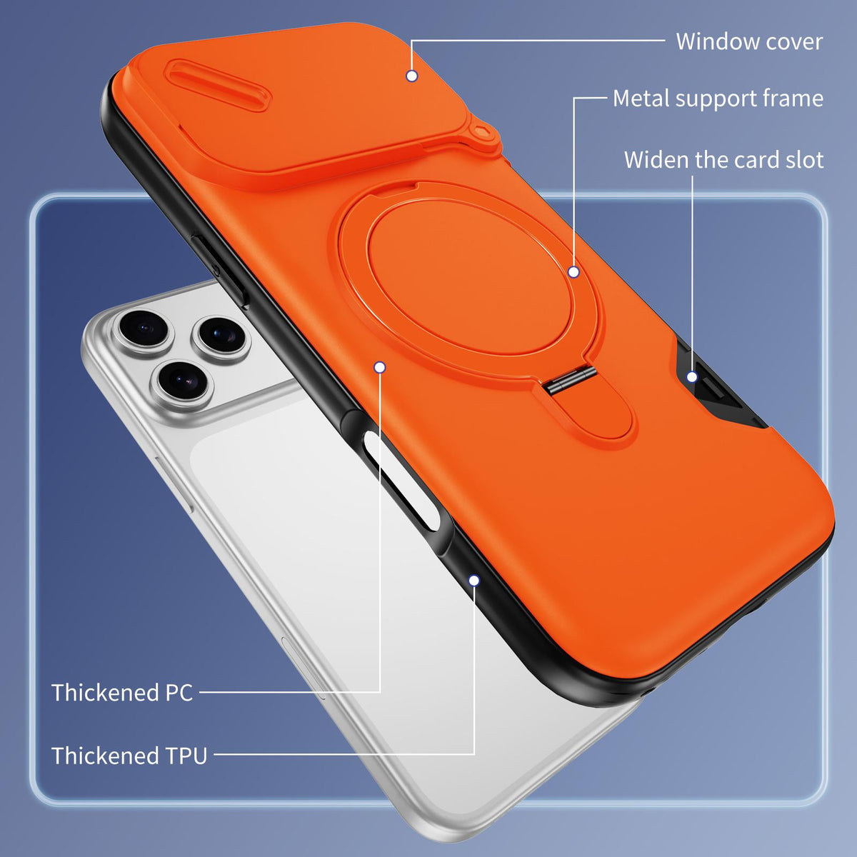 For iPhone 18 Pro Max Sliding Camshield Card Slot Magnetic Rotation Holder Phone Case - Orange - EDA010205702B