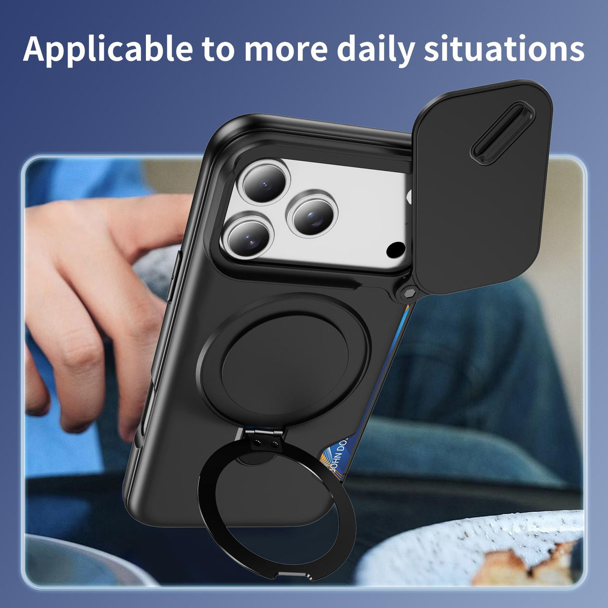 For iPhone 18 Pro Max Sliding Camshield Card Slot Magnetic Rotation Holder Phone Case - Black - EDA010205702C