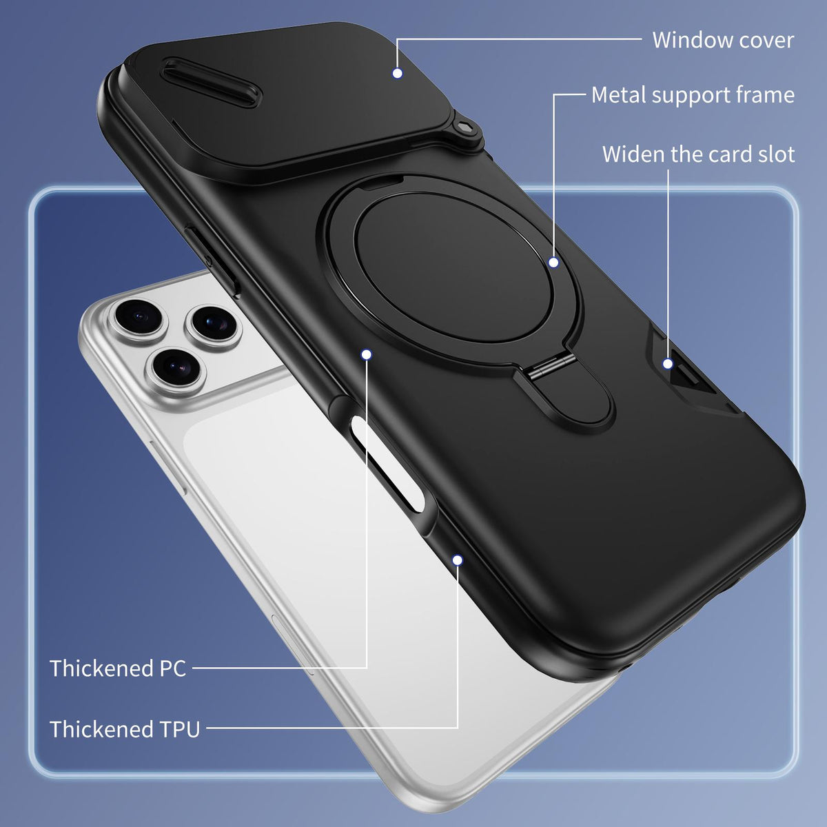 For iPhone 18 Pro Max Sliding Camshield Card Slot Magnetic Rotation Holder Phone Case - Black - EDA010205702C